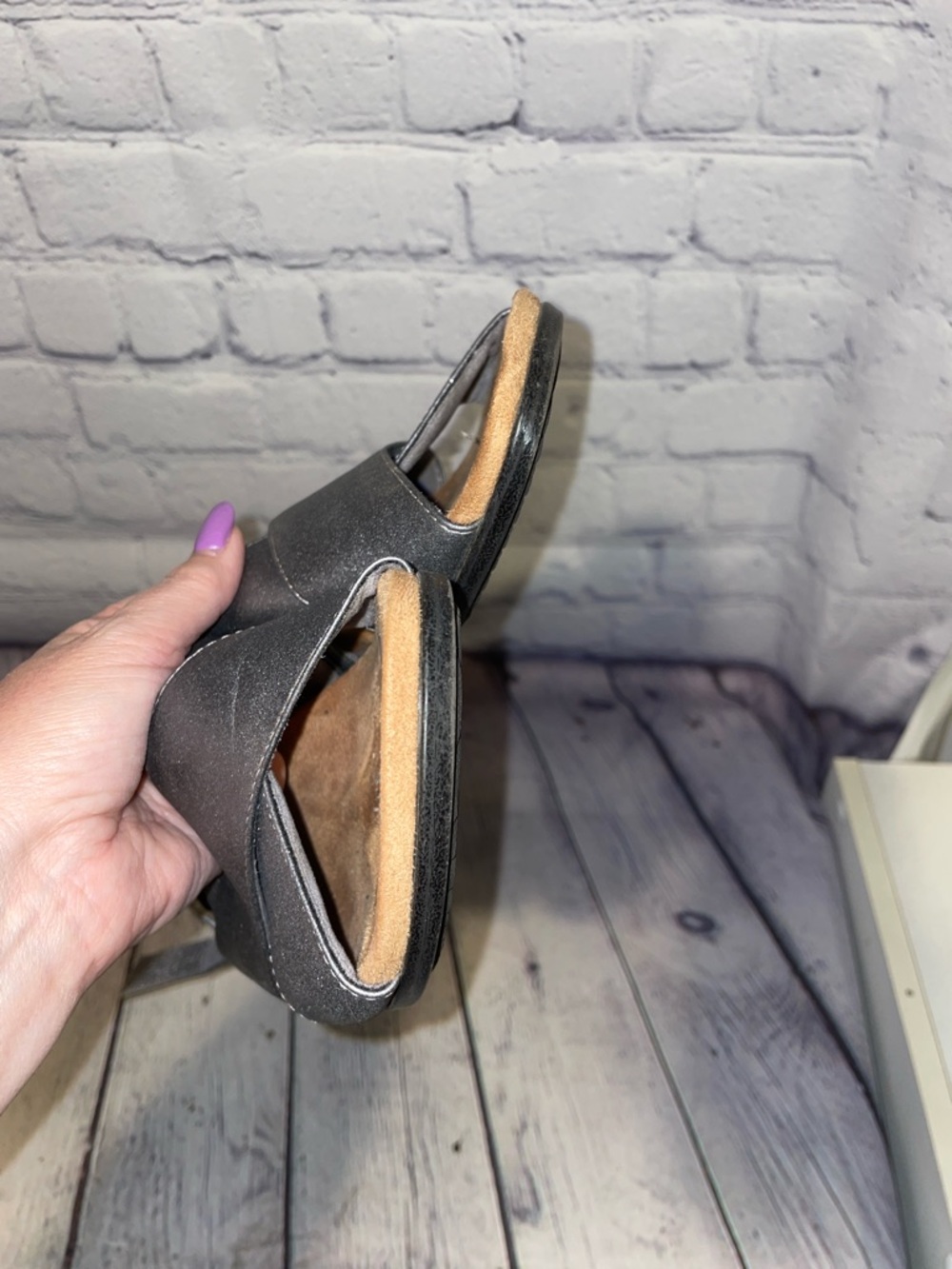 Vionic Metallic Gray Crisscross Slingback Wedge Sandals - Picture 10 of 10